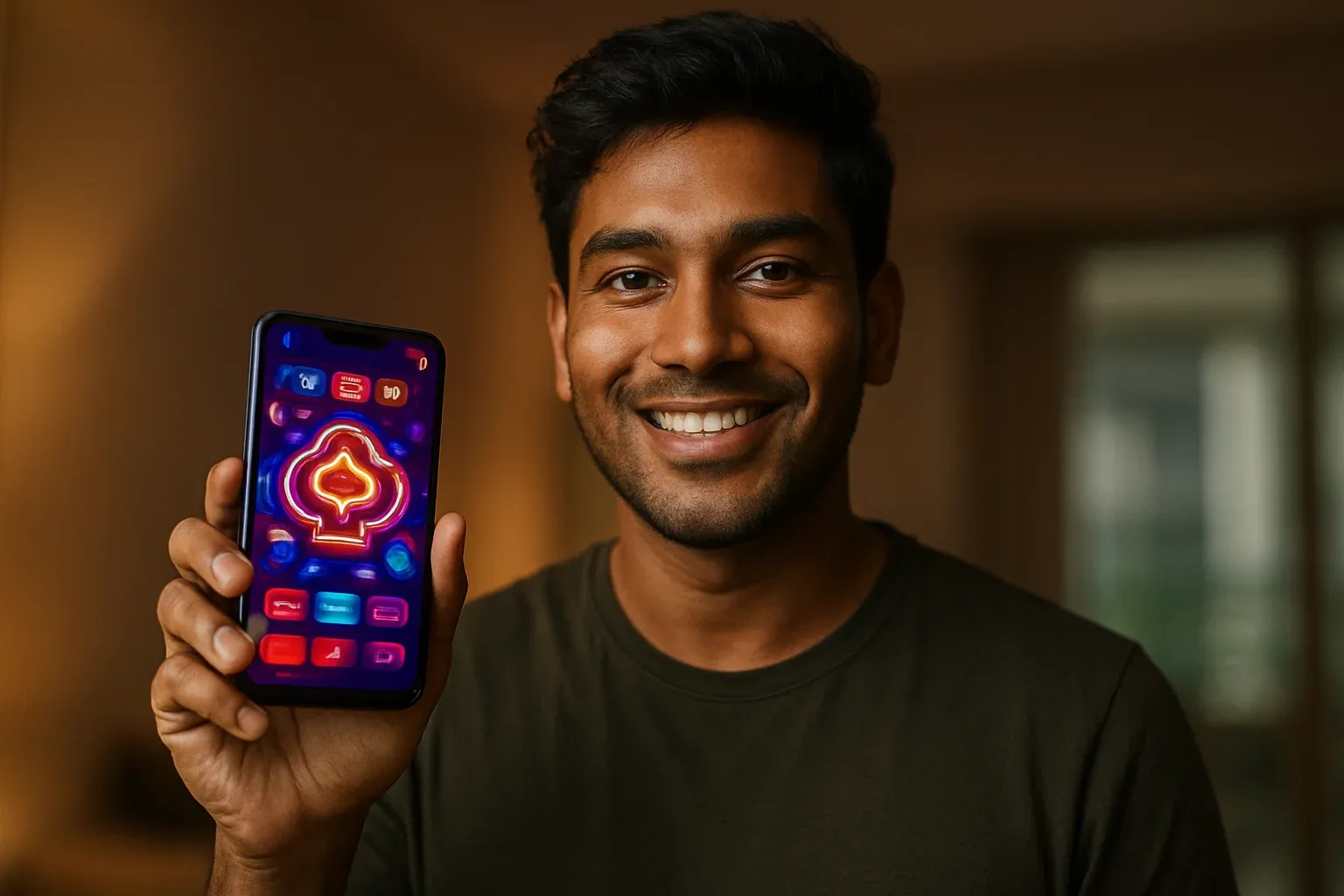 Young Bangladeshi man holding smartphone showing colorful mobile casino app