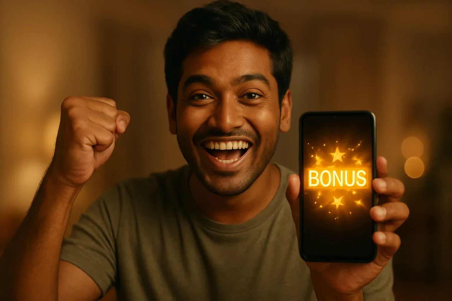 Joyful Bangladeshi man holding smartphone with glowing bonus notification