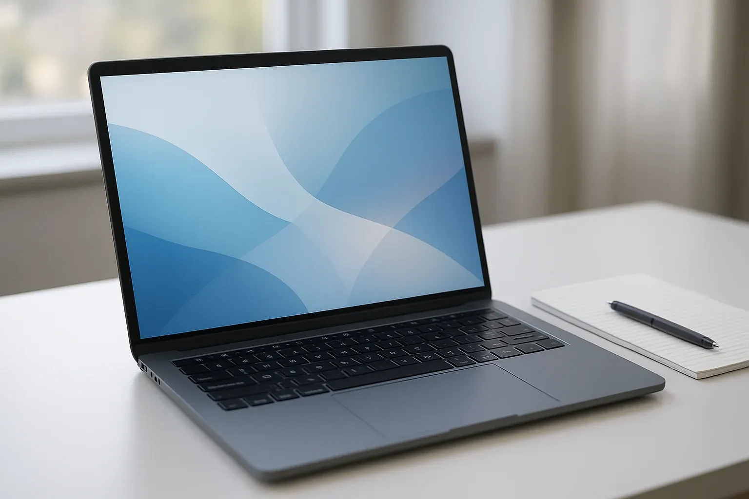 Modern laptop on white desk with pen and notepad