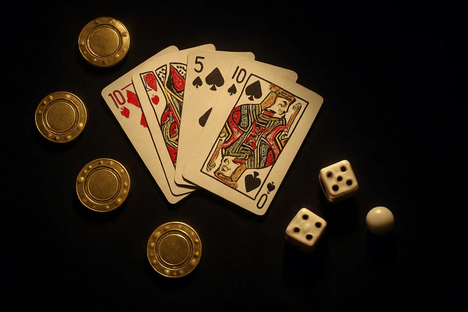 Top-down casino scene with chips, cards, dice, and roulette ball