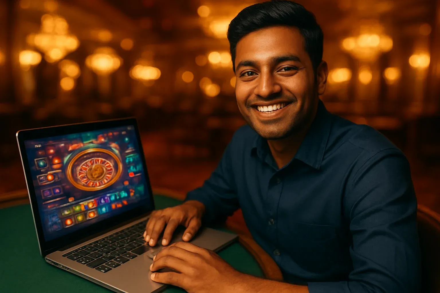 Cheerful Bangladeshi man with open laptop in premium casino lounge