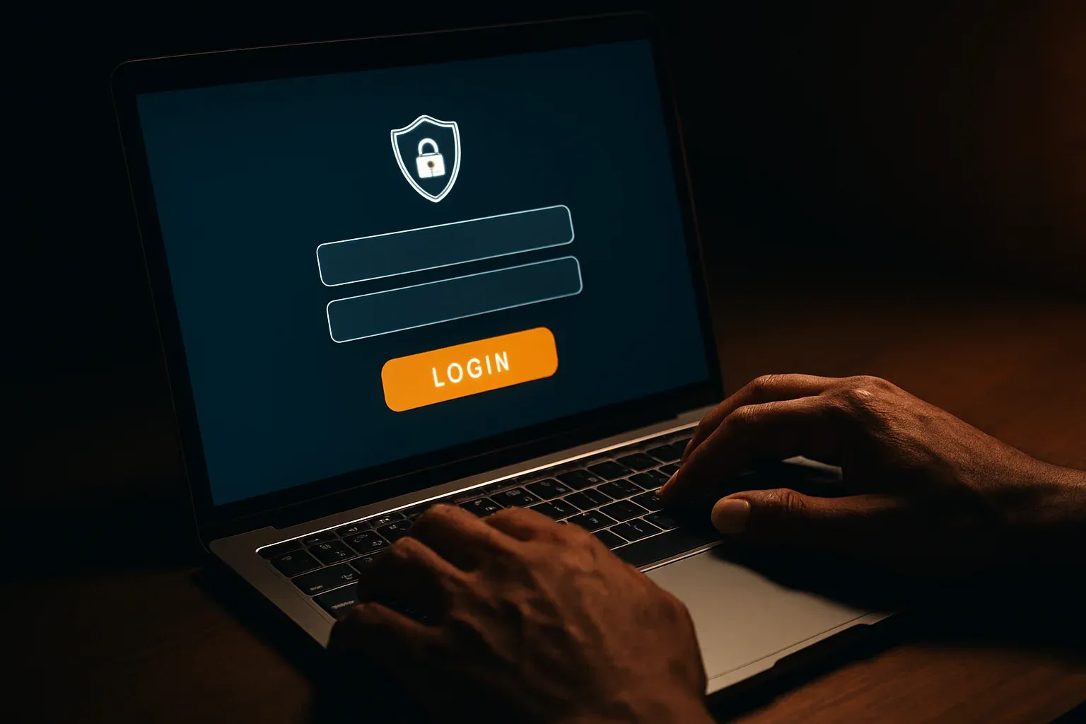 Bangladeshi man's hands on laptop showing stylized login form