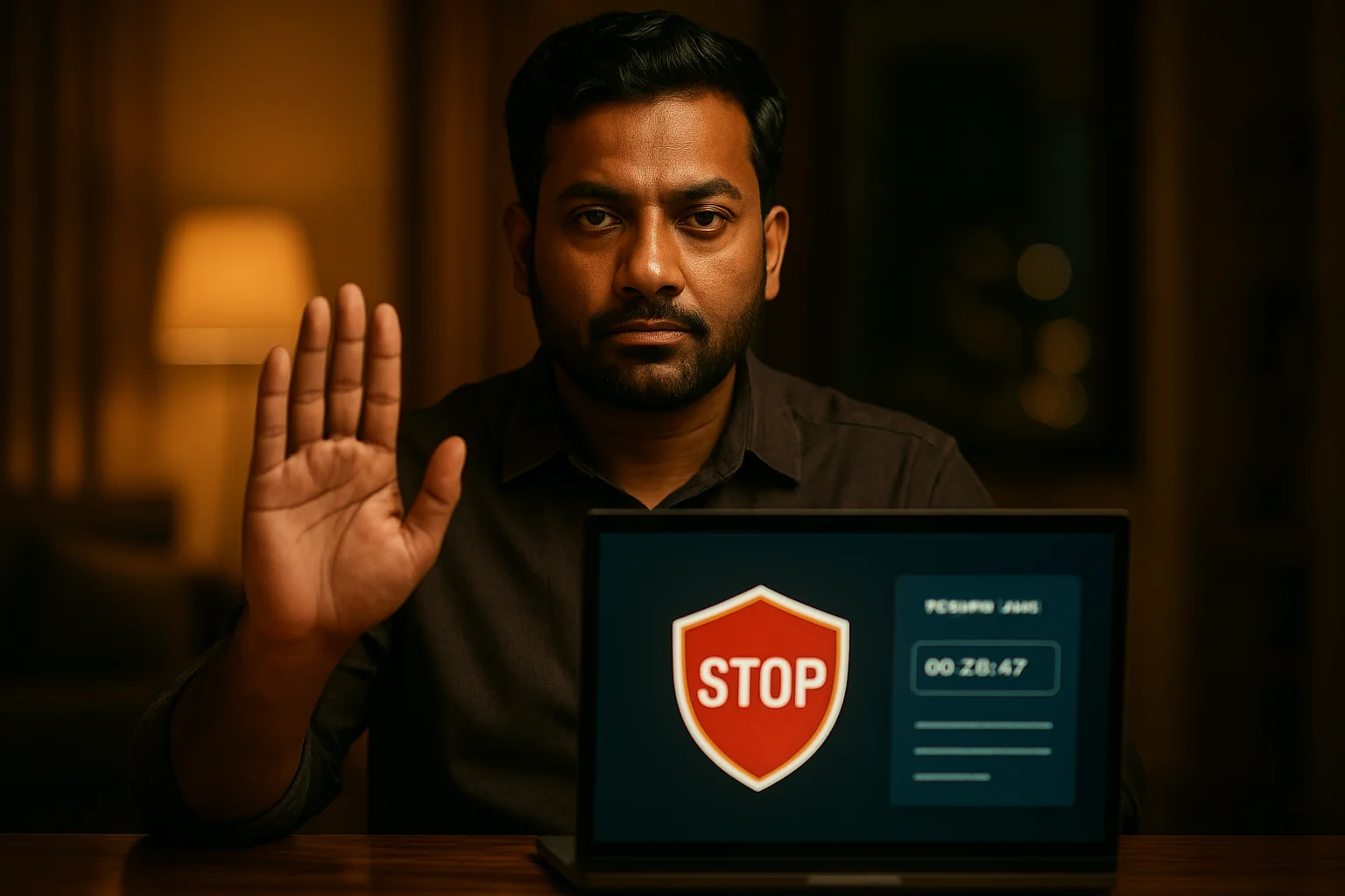 Bangladeshi man shows stop gesture beside laptop with responsible gambling screen