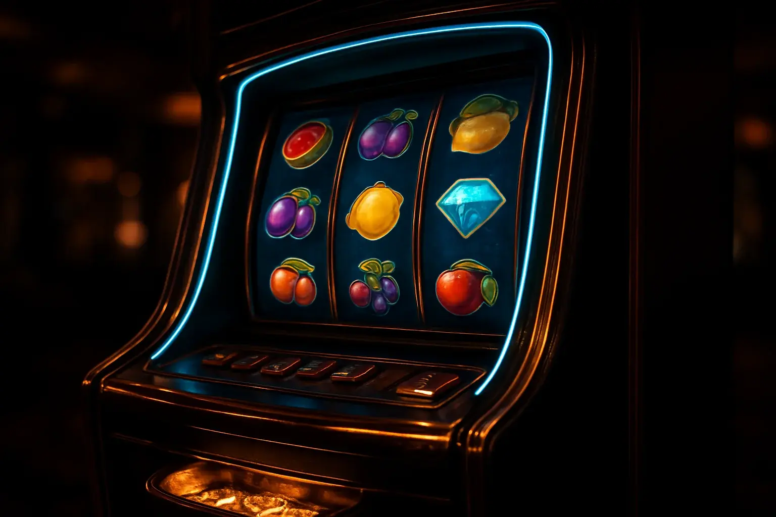 Premium slot machine with glowing reels in a dark luxury casino